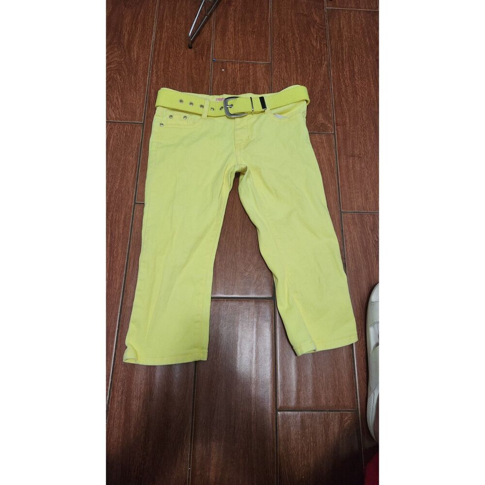 Neon Yellow Cropped Pants With Belt Size 12 Stretch Capri Trousers Girls